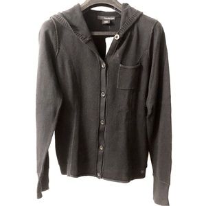 CALVIN KLEIN JEANS BLACK BUTTON DOWN CARDIGAN WITH HOOD - 100% COTTON